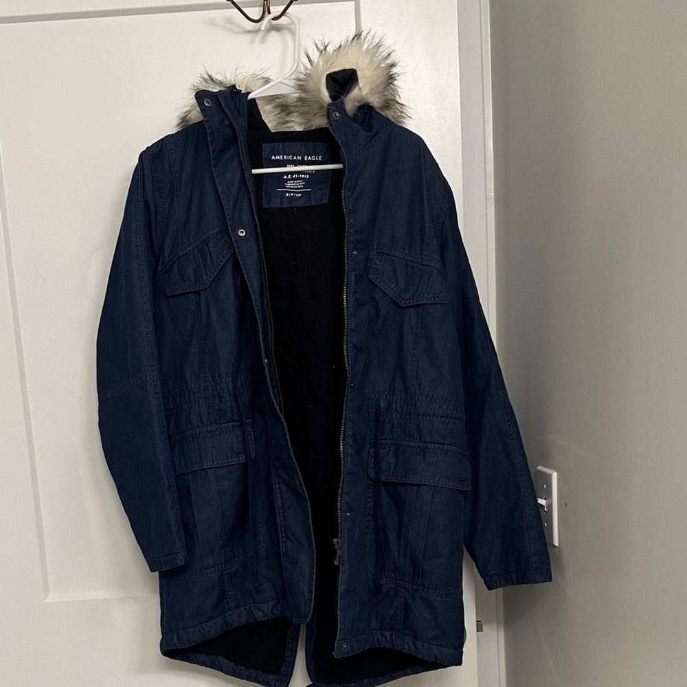 American Eagle Outfitters Navy Parka with Faux Fur Hood